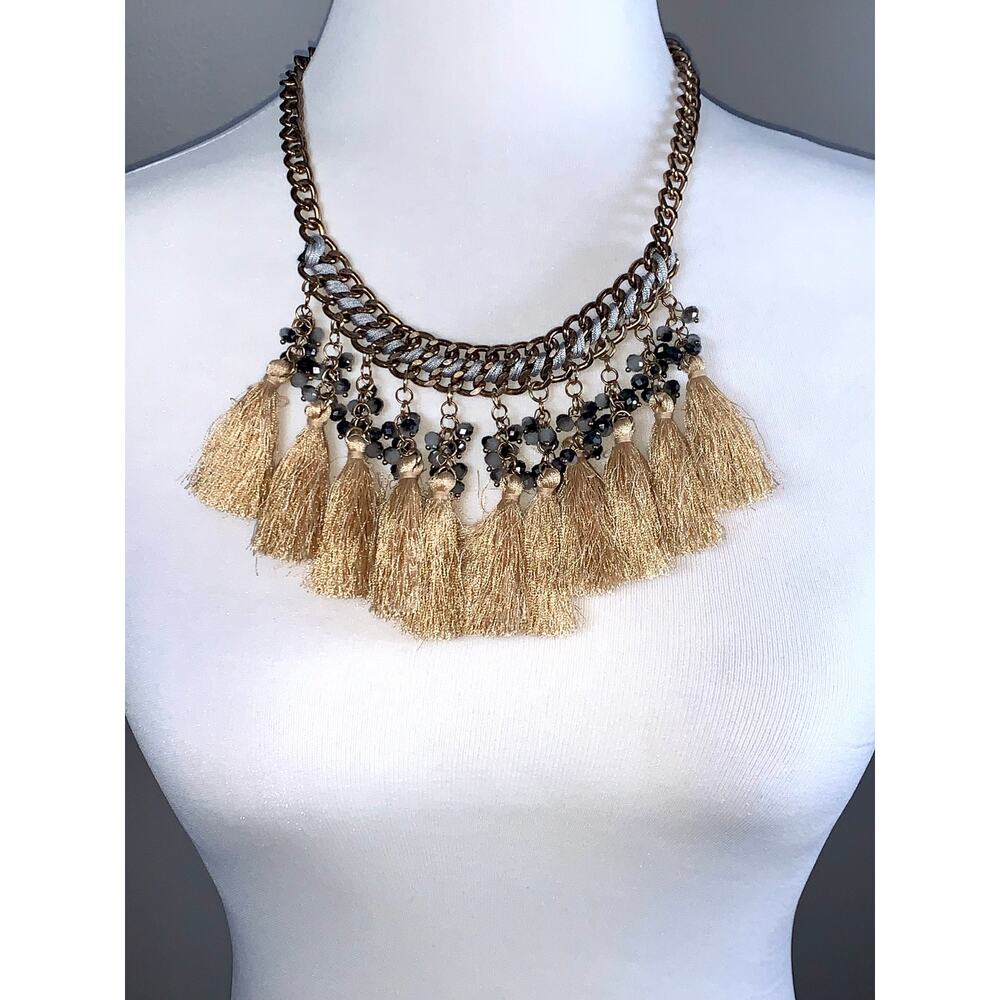 Vintage Boho Gold Tone Beaded Multi Tassel Fringe Statement Bib Necklace